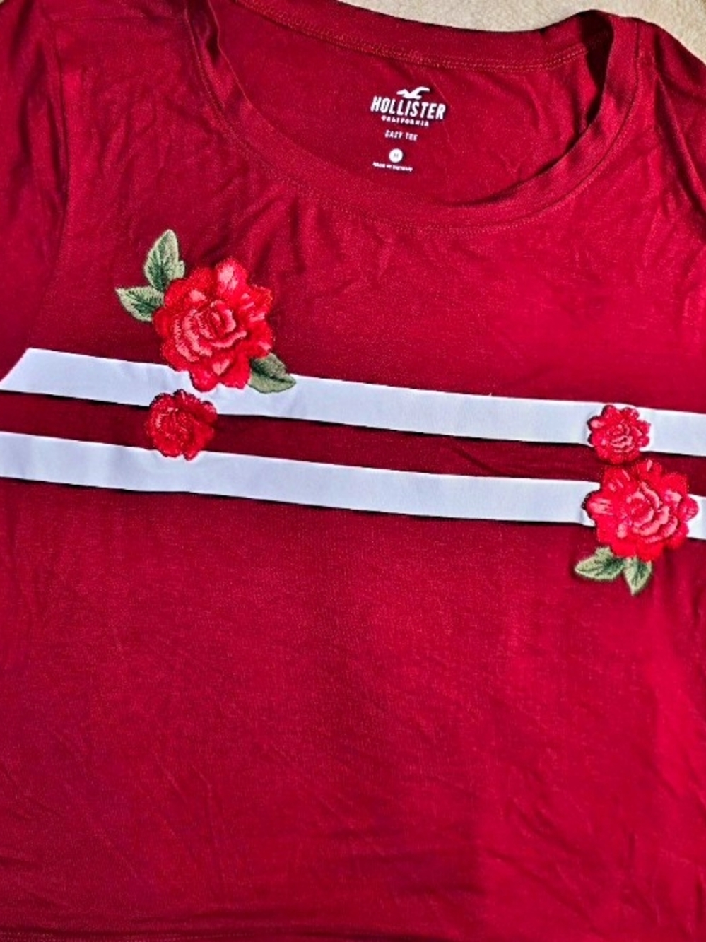 Hollister Red Crop Top with White Stripes and Red Rose Embroidery